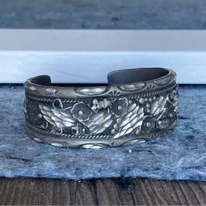 Vintage Native American Navajo Foliate Silver Tone Cuff Bracelet